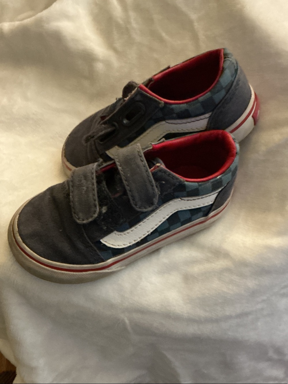 Vans Blue Checkerboard Kids Velcro Sneakers with Red Lining